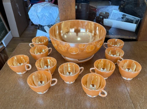 Vintage Peach Lusterware Punch Bowl and 11 Glass Set