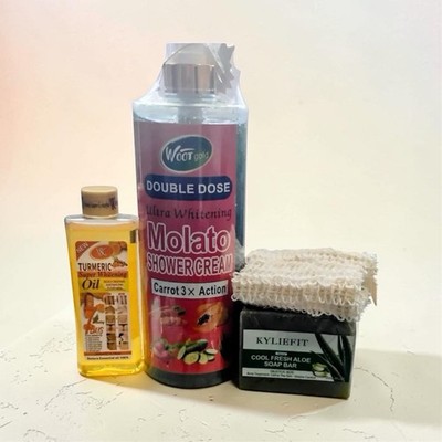 Woot Gold Whitening Shower Cream, VC Turmeric Oil, KYLIEFIT Aloe Soap Bar Set