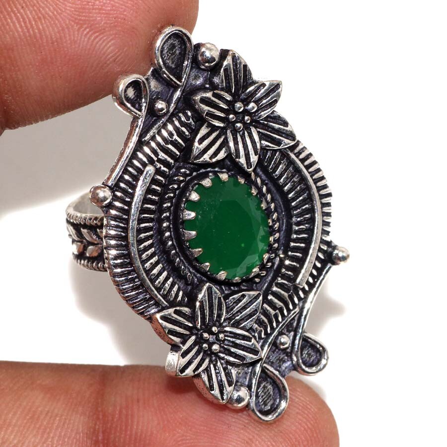 Green Onyx 925 Silver Plated Gemstone Ring US 8.5 Aesthetic Jewellery JW