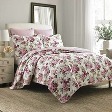 Laura Ashley LIDIA 3-PC Full Queen Reversible Quilt Set COTTON Pink Rose Floral