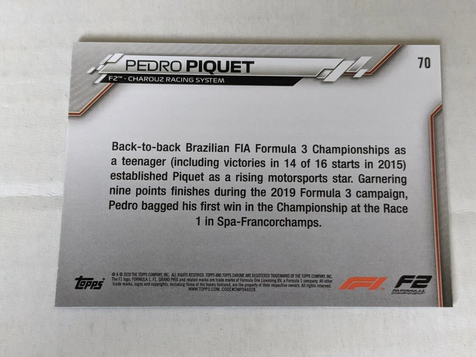 2020 Topps Chrome Formula 1 #70 Pedro Piquet Charouz Racing Car - Image 2 of 2