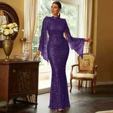 Vestito Abito Elegante Lungo Viola Strass Sera Evento Raso Sirena 27427