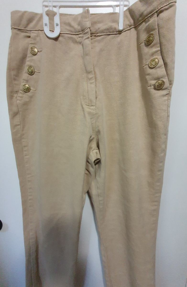 Zara Pants Sz. L New w Tags Gold Button Sides Khaki Beige