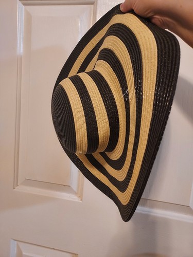 Stone Age Wide Brim Hat Two Tone Striped Parisienne Natural Straw Sombrero - Picture 4 of 5