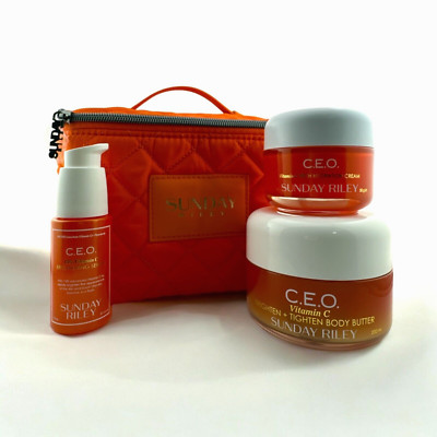 NEW Sunday Riley C.E.O Vitamin C Skincare Kit with a Large Quilted Makeup Bag
