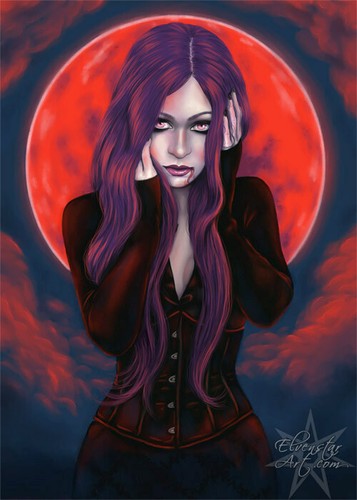 Vampire Art PRINT Gothic Full Moon Blood Moon Night Red Blue Woman Portrait - Picture 4 of 5