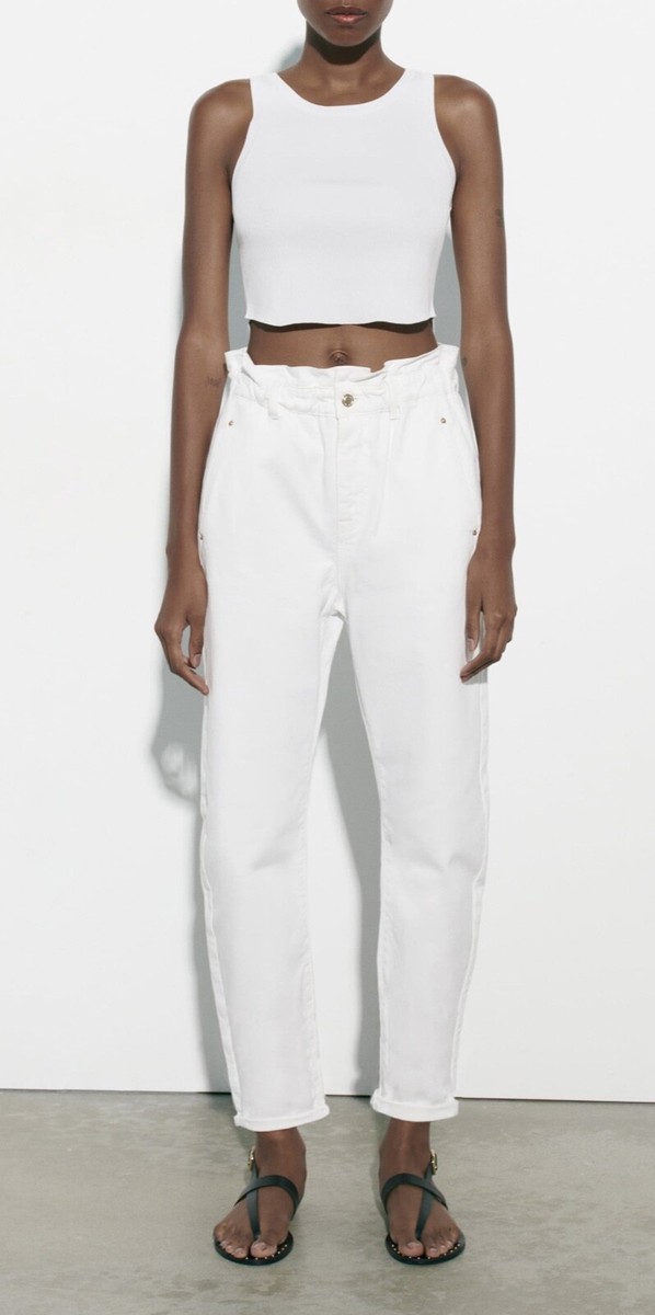 Zara White High-Waisted Paperbag Baggy Ankle Jeans, Elastic