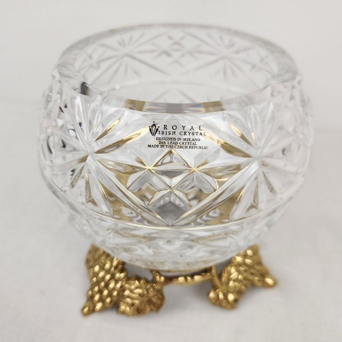 Vtg Royal Irish Crystal Rose Bowl 24% Lead Crystal Grape Brass Stand Czech 6" - Picture 4 of 11