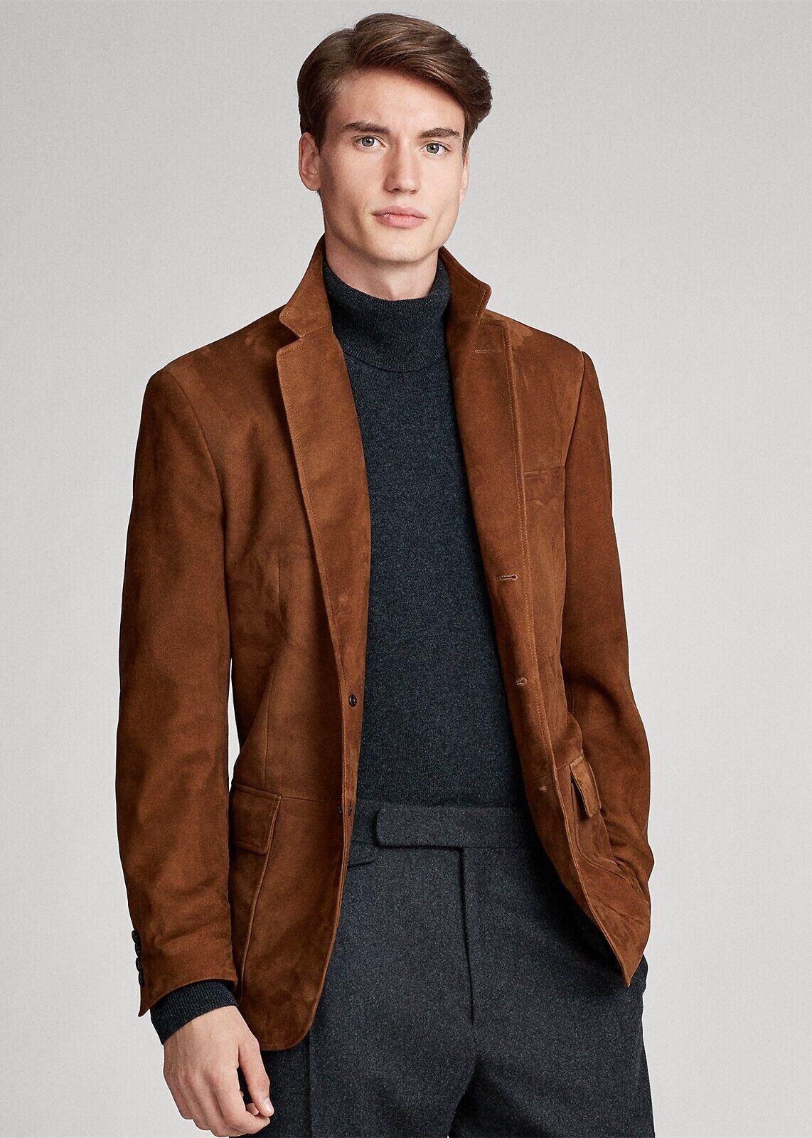 Men's Brown Suede Leather Blazer with 3-Button Design