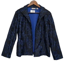 Chico's Blazer Jacket Women Size L Blue Floral Collared Long Sleeve Open Front
