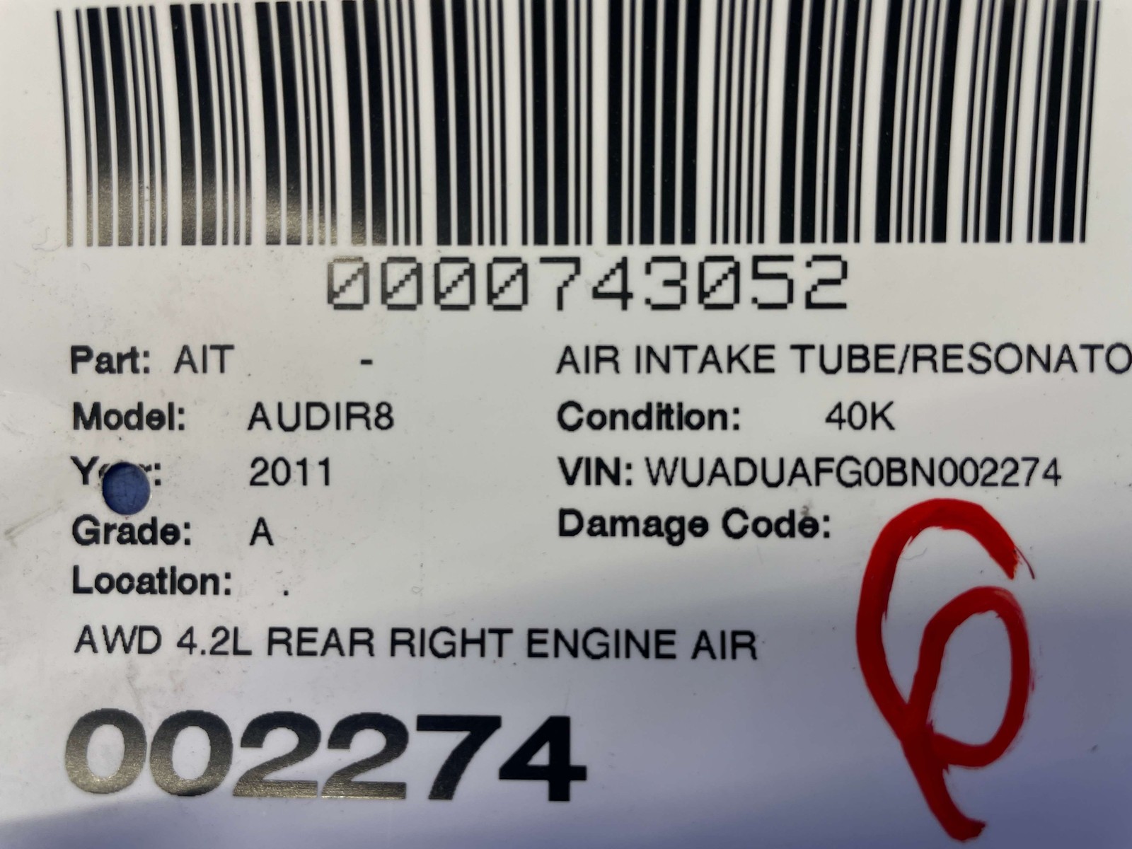 2008-2015 AUDI R8 TYPE 42 AWD 4.2L REAR RIGHT ENGINE AIR INTAKE PIPE 420129510C