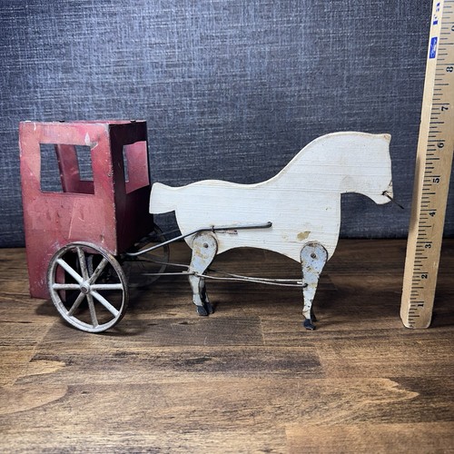 Antique Gibbs Toy Horse Drawn Carriage Wood Tin Pull Toy Wagon VTG 1900s
