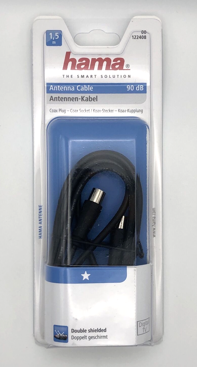 Hama 1.5m TV Aerial Coax Cable Male to Female 9.5mm Black Double Shielded