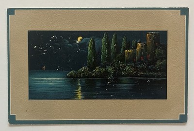 Embossed Moonlit Castle Lake Scene Night View Postcard Germany Serie 7644