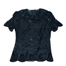 VINTAGE Adrianna Papell Evening Womens Black Beaded Shirt Evening Size Small