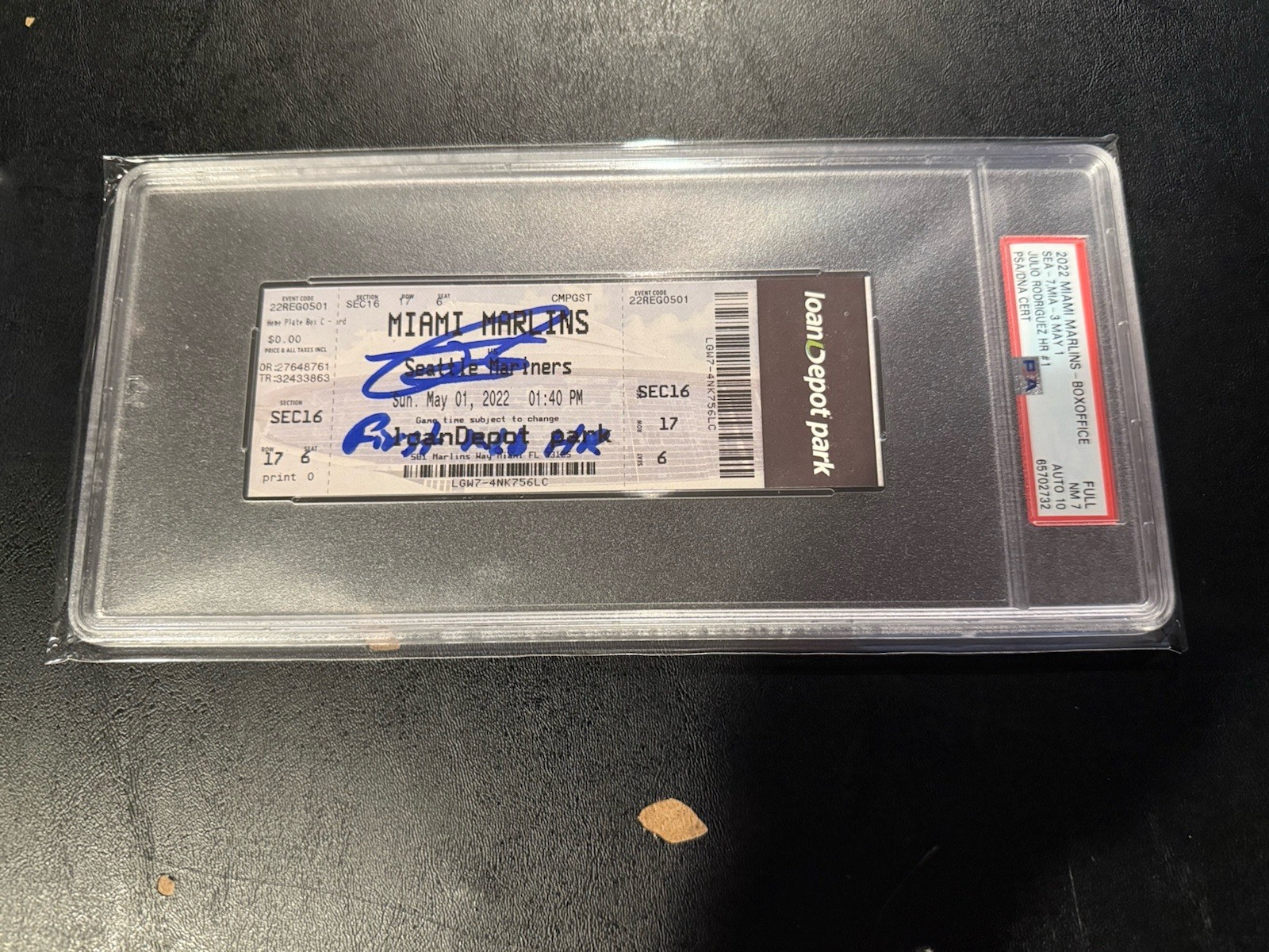 Julio Rodriguez 1ST MLB HR TICKET PSA 7 10 AUTO 5/1/22 WITH INSCR. LOW POP view 7
