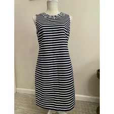 J Crew Blue White Striped Dress Jewel Embellished Neck Sleeveless SZ 2