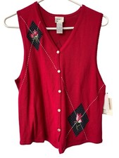 Vintage 90s Koret Sweater Vest Size Small Argyle Floral Embroidery Deadstock NEW