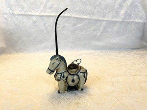 Antique Asian Water Pipe Glazed Ceramic Laotian Horse Shaped Blue & White