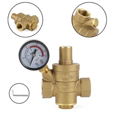 DN15 Brass Adjustable 1/2" Water Pressure Regulator Reducer With Gauge Meter.