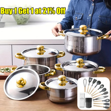 Image of 5 Piece Stainless Steel Cookware Saucepan Set Pan Pot Kitchen Cooking Glass Lid