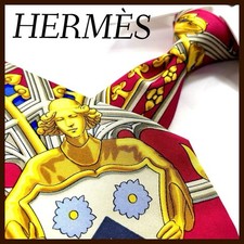 Good condition Hermes necktie silk scarf pattern all over pattern red yellow