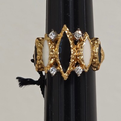 MV Vellano Gold Tone Black White Marquise Statement Ring Adjustable Vintage 80s