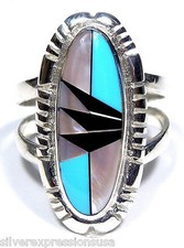 Multicolor, Turquoise  Mother of Pearl Inlay 925 Sterling Silver Ring 8.5 - 11
