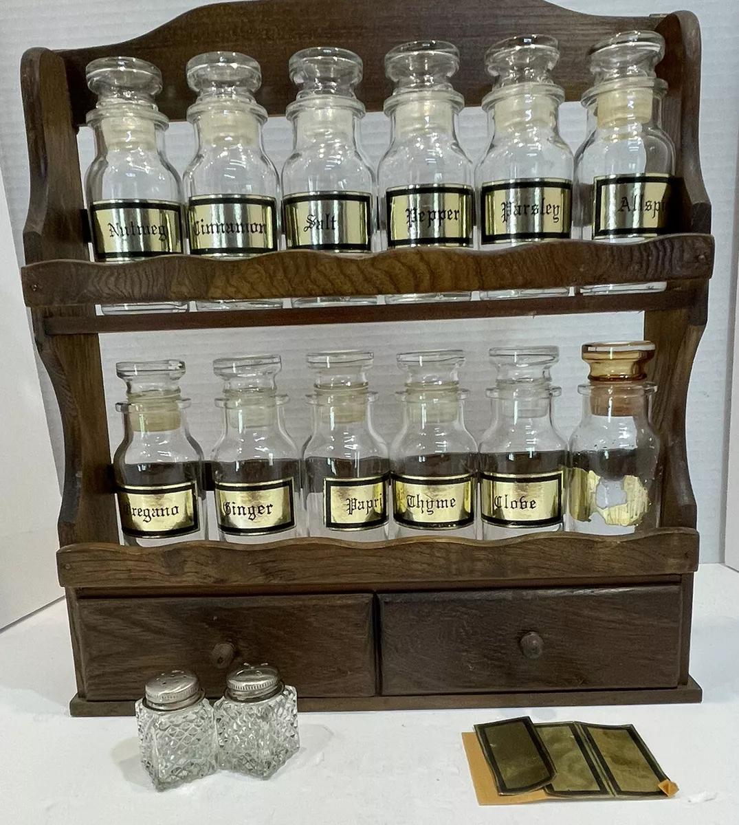 VINTAGE SPICE RACK WOOD GLASS JAPAN 12 BOTTLES LABELS 2 DRAWERS