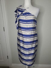 Banana Republic Sheath Dress Blue Stripe One-Shoulder Bow Lined SZ 10 Petite 