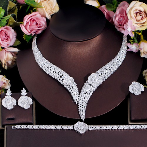 White Gold Plated CZ Flower Leaf Necklace Earring Bracelet Ring Bold Jewelry Set - Bild 7 von 8
