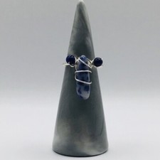 Ring Size 7 Sodalite Gem Stone Wire Wrapped Boho Blue Silver Tone Bead Jewelry