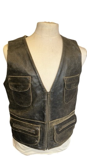 Contempo Casuals Vest Brown Rustic Leather Large Zipper Biker Vintage Western - Picture 2 of 9