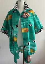 Vintage Gottex Swim Cover Up Shirt Dress FUN Green Tropical Fish Contrasting B W