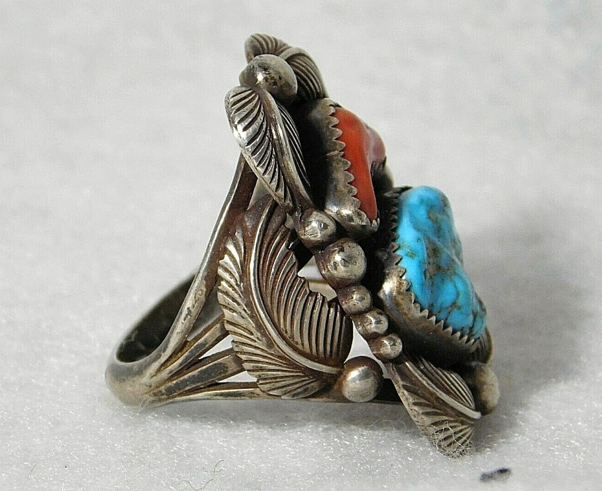 Gigantic Lest Jackson Vintage Native American Navajo Coral Sterling Silver Ring Old Gigantic Lest Jackson Vintage Native American Navajo Coral Sterling Silver Ring Old
