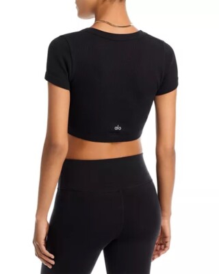 New Alo Yoga Seamless Ribbed Serene Short Sleeve Top In Black Size