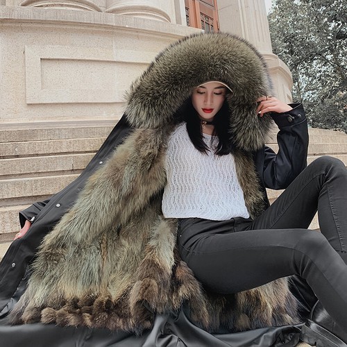 Winter Women's Genuine Raccoon Fur Collar/Liner Coats Long Parka Jackets Outdoor - Picture 7 of 40