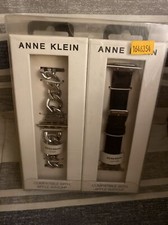 Anne Klein Soho Women's Black Leather Silver Steel Strap Apple Watch 42/44/45mm