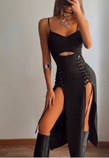Women’s Royal Black Lace-Up Maxi Dress Cut Out High Slit Bodycon Evening Gown