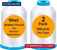 2-Pack 90WT Embroidery Bobbin Thread White 5500Yd Polyester Cones Lint Free