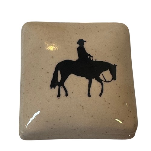Vintage Mini Speckled Ceramic Trinket Box Western Horse Cowboy