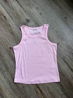 Miu Miu Pink Ribbed Knit Logo Tank Top Scoop Neck Sleeveless Size