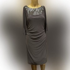 Adrianna Papell Dark Grey Beaded Boat Neck 3/4 Sleeve Dress Sz 6