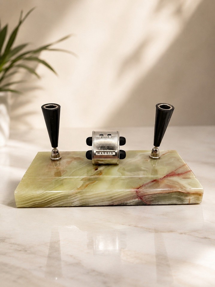 Italian green onyx with a perpetual calendar — this is the kind of heavy, serious executive desk set that screams 1960s Milan boardroom.