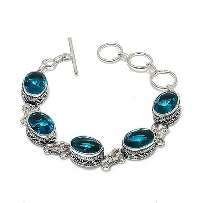 London Blue Topaz Gemstone Handmade 925 Sterling Silver Jewelry Bracelet Sz 7-8''