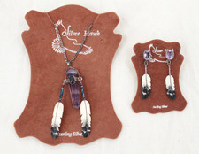 Native American Silver & Amethyst Bone Feather Necklace Earrings Set Silver Hawk