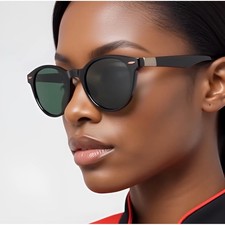 Black Round Sunglasses Polarized Green Lens Acetate Frame Women's Fashion Gafas