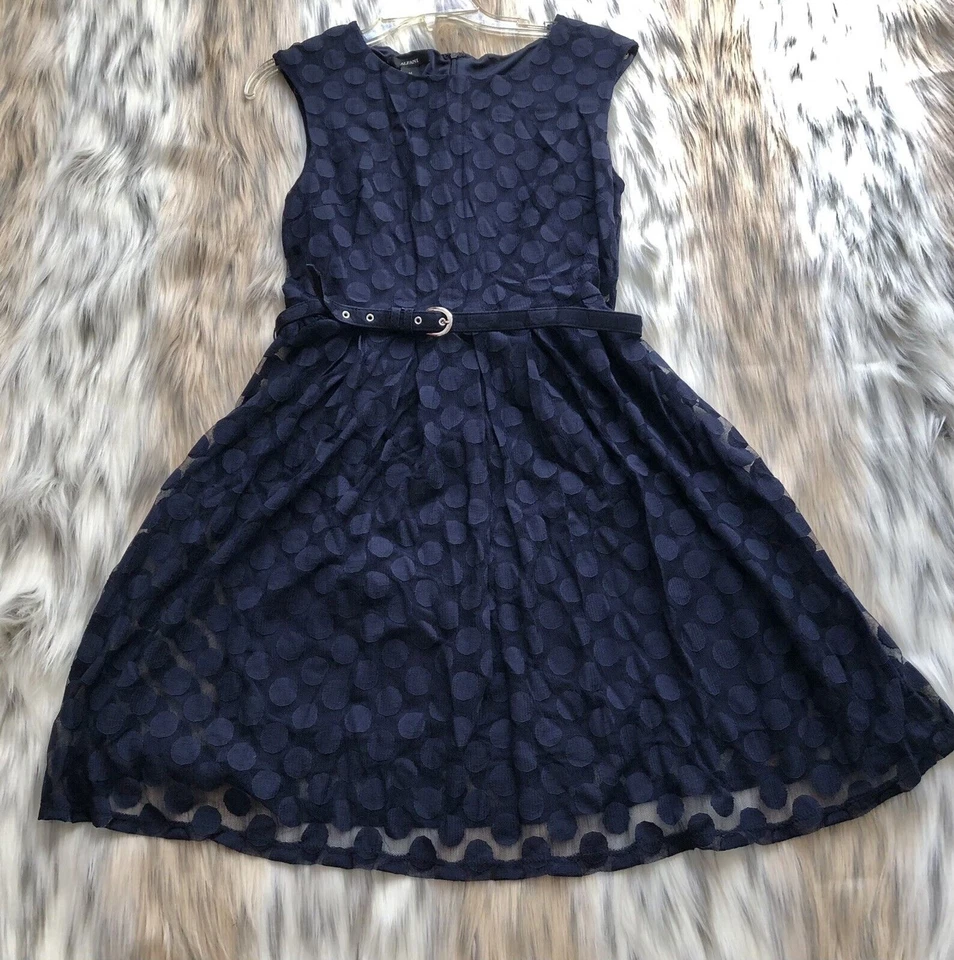 Vestido Alfani Mujer Talla M Sin Mangas Polka Azul Oscuro Completo Forrado con Cinturón # Foto 4 de 4