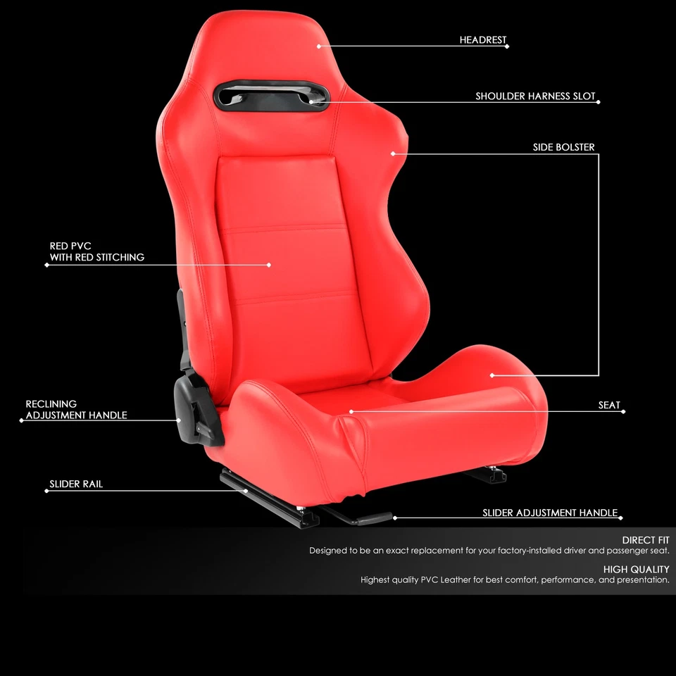 Pair Universal Red Vinyl Leather Adjustable Reclinable Racing Seats w/ Sliders Foto 2 de 4
