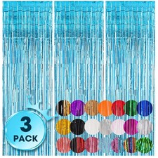 3 PCS 3.3x8.2 Ft Light Blue Foil Fringe Backdrop Curtain Tinsel Party Decor